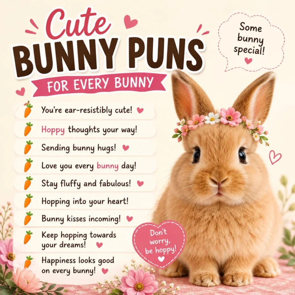 Cute bunny puns image with fluffy rabbit, pink flowers, hearts, carrots, and sweet playful captions