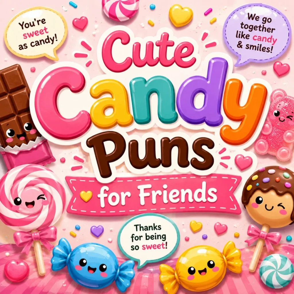 Cute candy puns for friends featuring smiling lollipops, chocolates, and colourful sweets in a fun illustration
