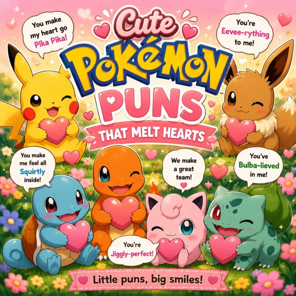 Cute Pokemon puns image with adorable cartoon creatures, hearts, and playful wordplay that melts hearts
