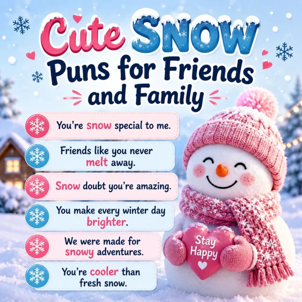 Cute snow puns for friends and family with a smiling snowman in a cozy snowy winter scene