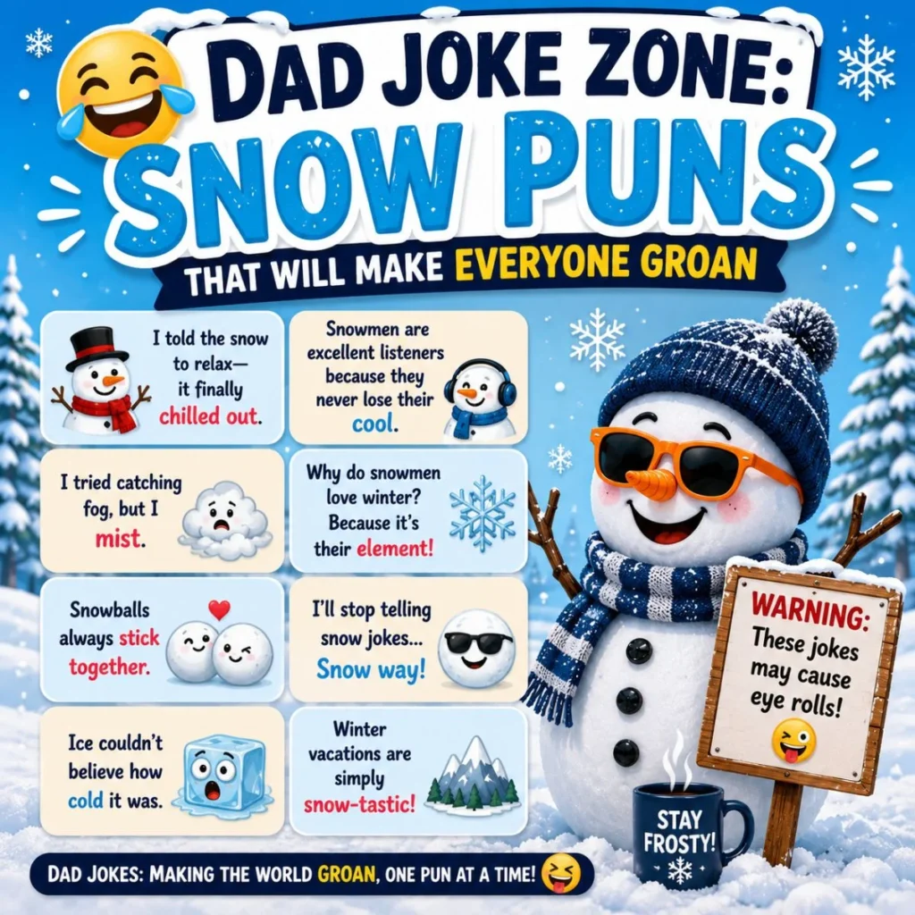 Funny dad joke snow puns with a smiling snowman in a playful winter infographic