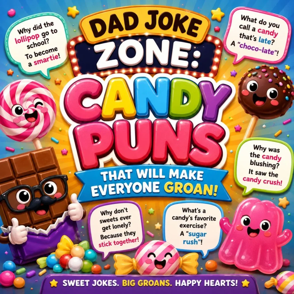 Funny candy dad joke illustration with smiling chocolates, lollipops, and colourful sweets for family-friendly laughs