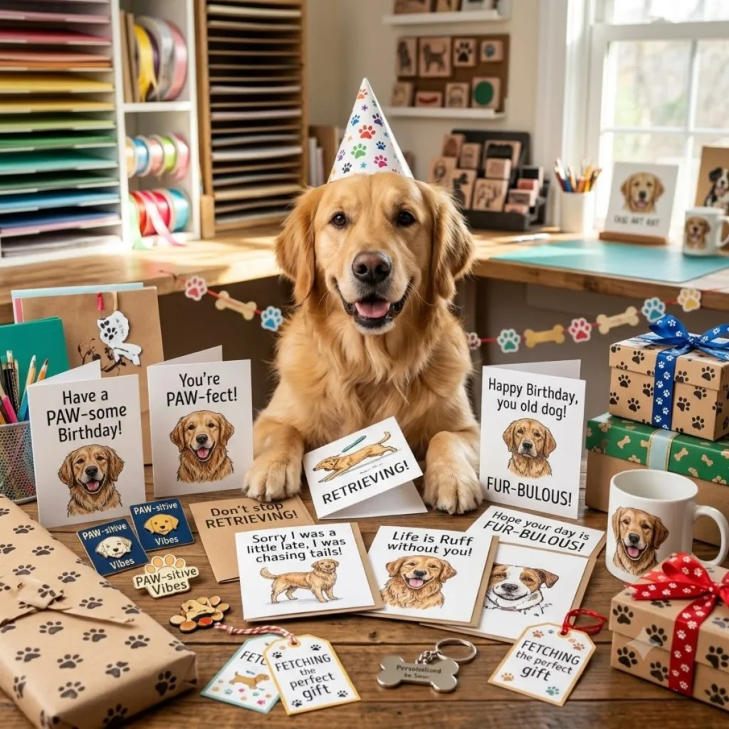 A golden retriever wearing a party hat sitting with various pun-filled dog birthday cards and gifts.
