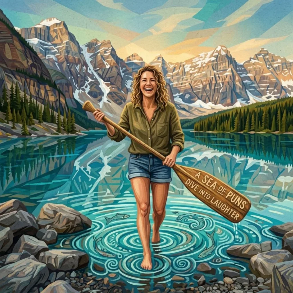 An artistic illustration of a laughing woman with a paddle standing in a vibrant mountain lake.