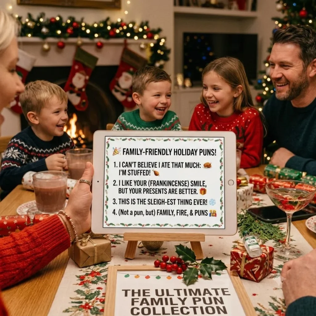 A tablet showing family holiday puns on a decorated Christmas table surrounded by smiling children and adults