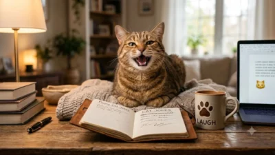 A happy tabby cat with its mouth open like it is laughing, sitting on a wooden desk next to a notebook and a paw print mug.