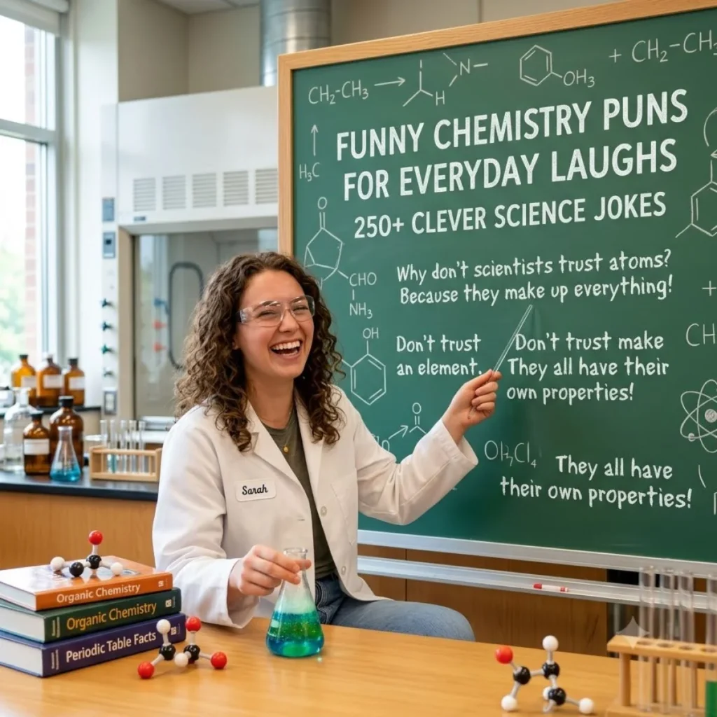 A smiling female scientist pointing to a green chalkboard filled with funny science jokes and chemistry puns.