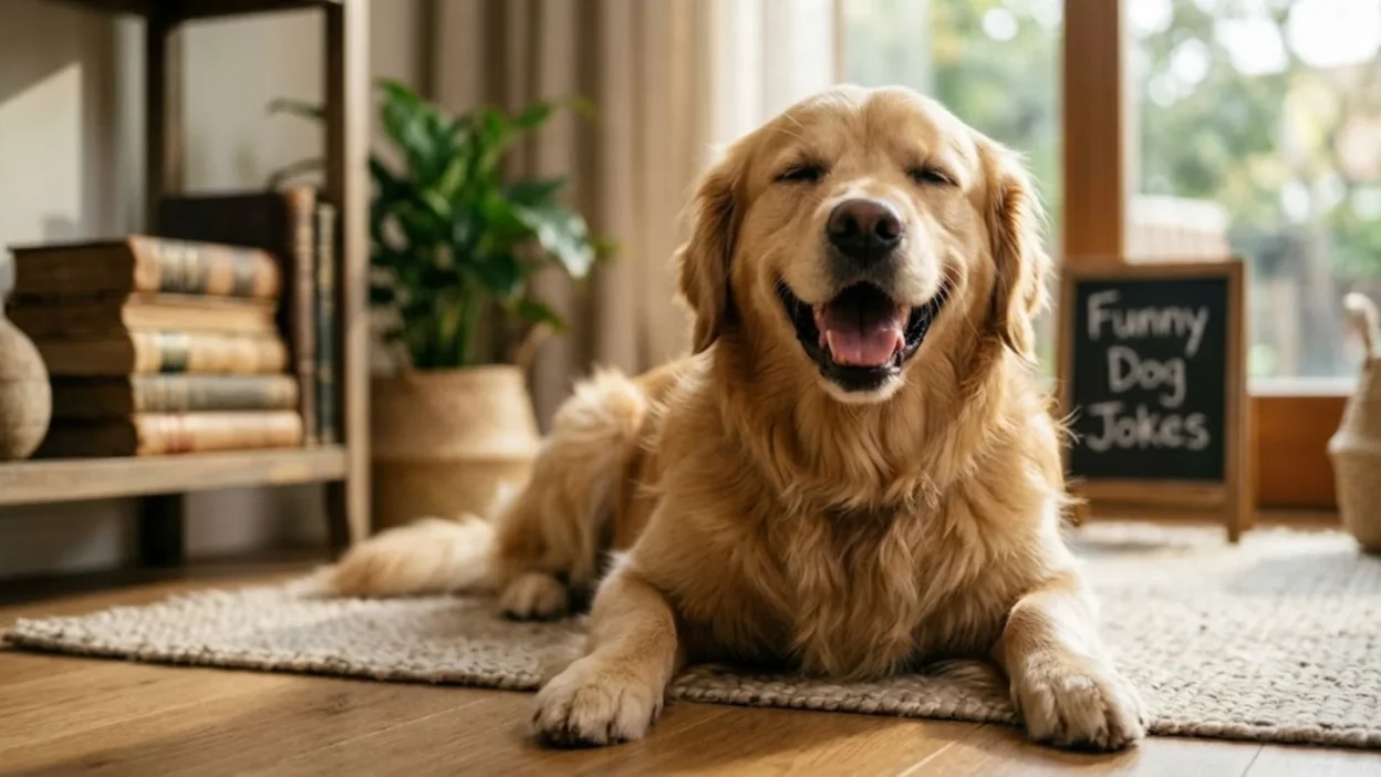 A happy golden retriever lying on a rug inside a living room with a big grin and squinted eyes.
