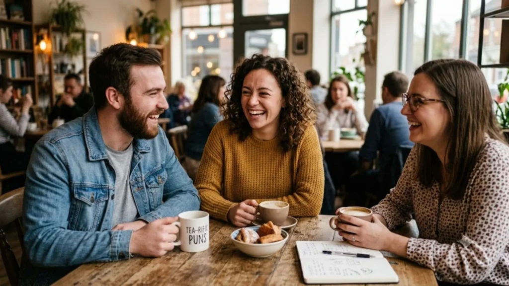 Friends laughing in a cafe with text reading funny puns examples for everyday laughs.