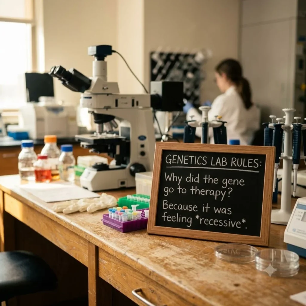 A small genetics lab rules chalkboard with a dna pun sits on a laboratory desk next to a microscope.