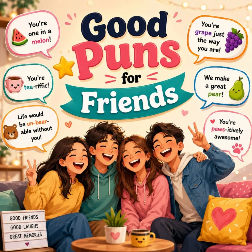 Good puns for friends with cheerful friends, playful wordplay, and colorful speech bubbles full of funny jokes