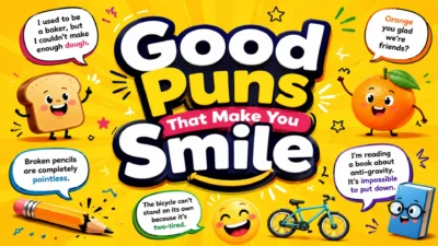 Good puns that make you smile with cheerful cartoon characters and funny wordplay bubbles