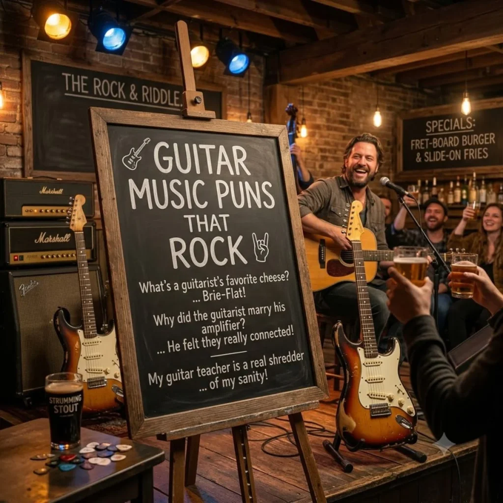 A chalkboard sign featuring guitar music puns on a cozy pub stage with live musicians and electric guitars.
