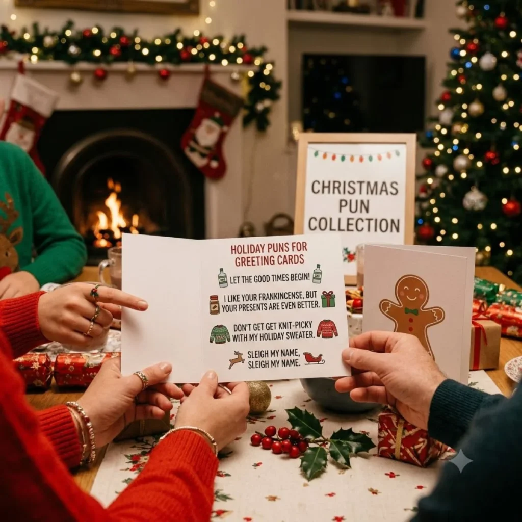 Hands holding an open Christmas greeting card showing festive puns on a holiday decorated table
