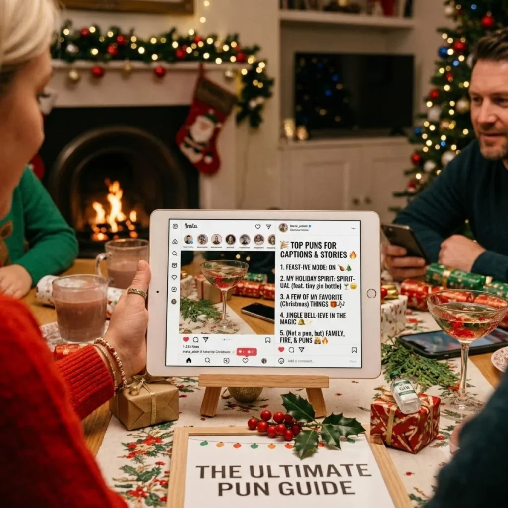 A tablet displaying holiday puns on a decorated Christmas table surrounded by family members
