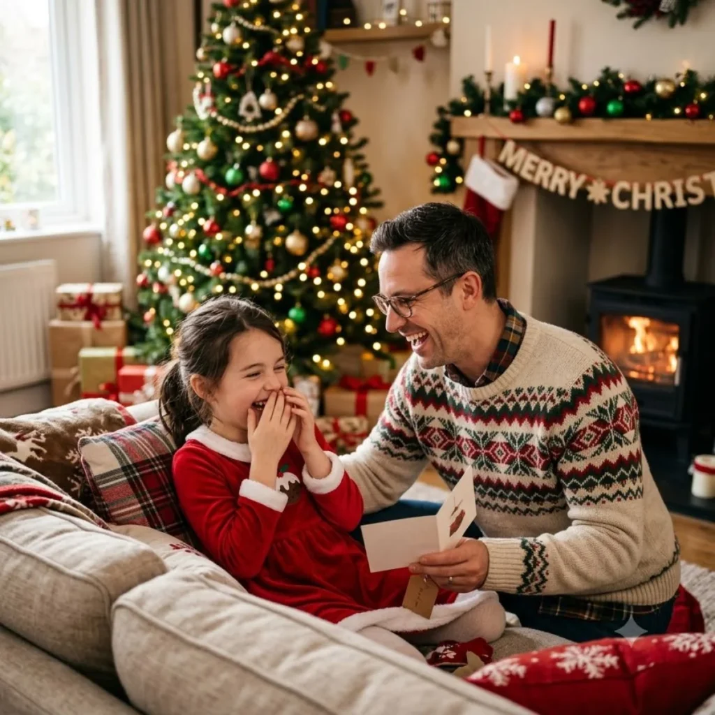 A father in a holiday sweater reads a card to his laughing daughter by a decorated Christmas tree.