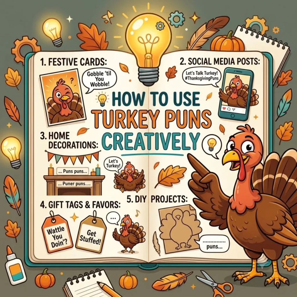 An illustrated notebook guide on how to use turkey puns creatively, featuring a lightbulb and an cartoon turkey.