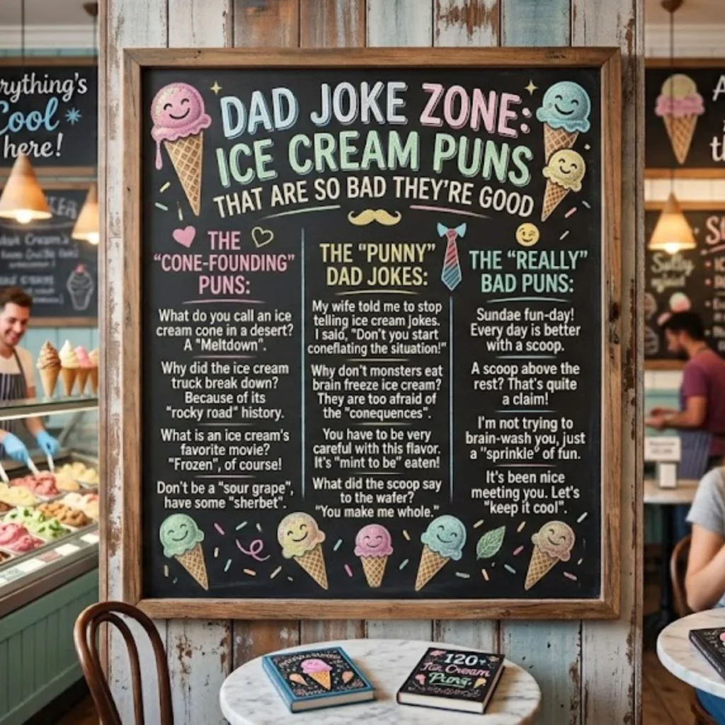 Chalkboard sign on a wooden stand in an ice cream shop with pun quotes like "I Melt for you!" in colorful text.