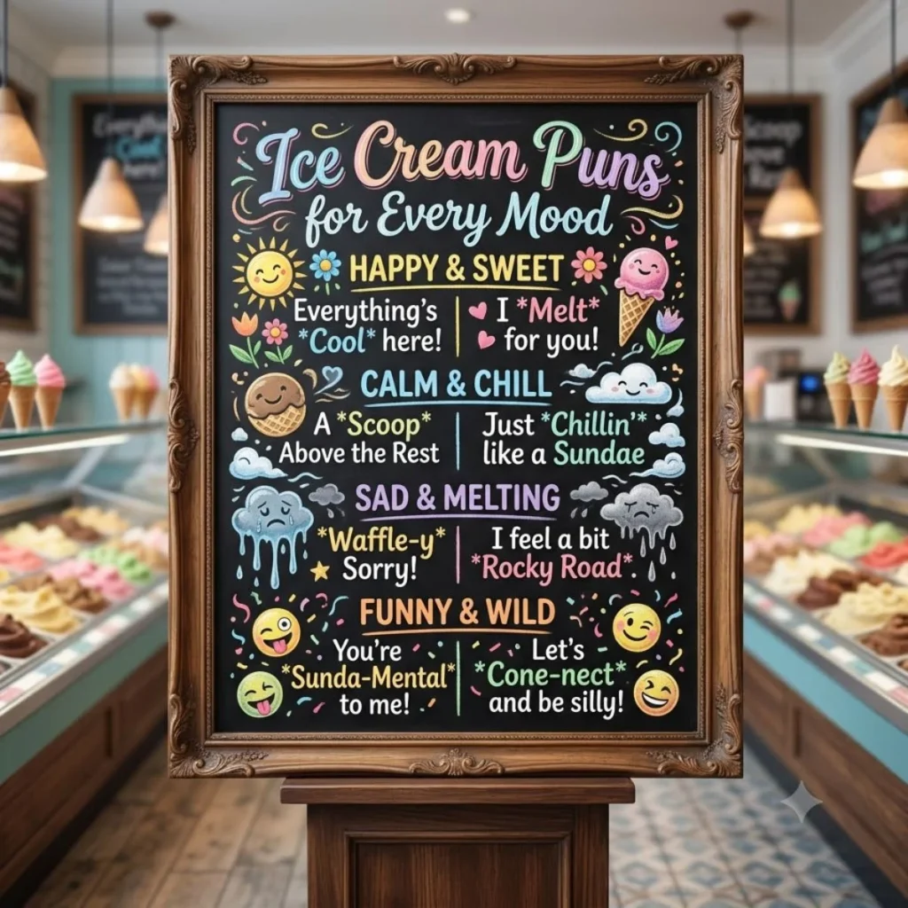 Chalkboard sign in an ice cream shop displaying 'Sweet, Funny, & Clever Mood Puns' with ice cream cone illustrations.