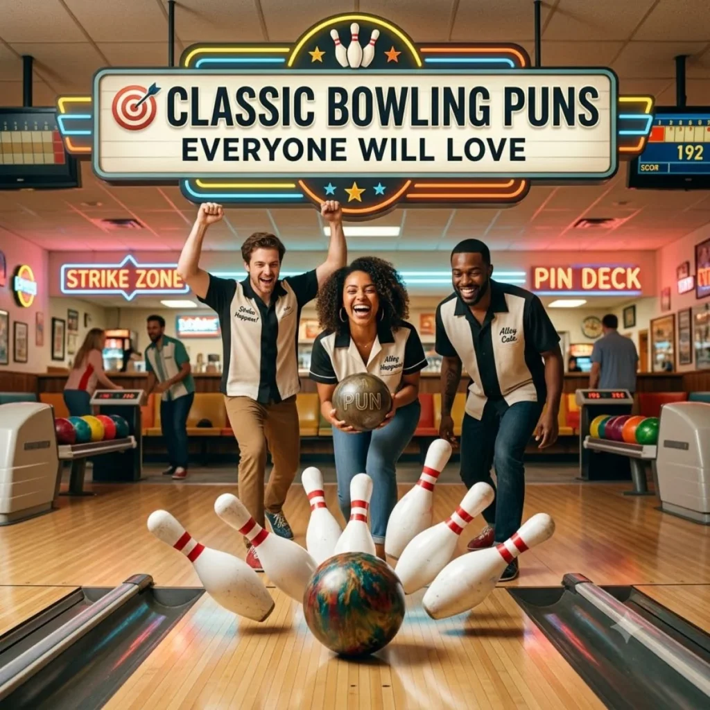 Three friends celebrate a perfect bowling strike in a vibrant retro bowling alley with neon signs