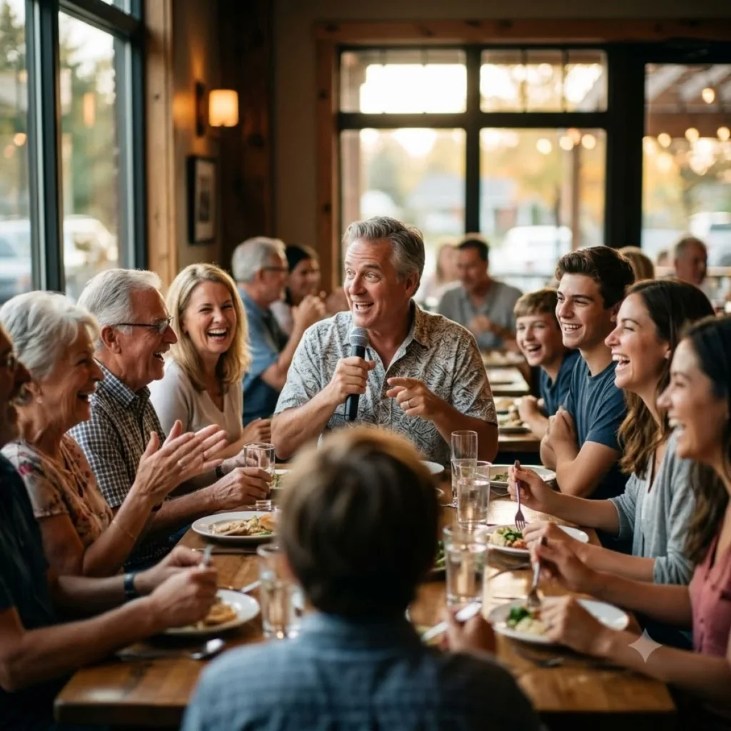 A family laughing together at a restaurant dining table while a man speaks into a microphone.