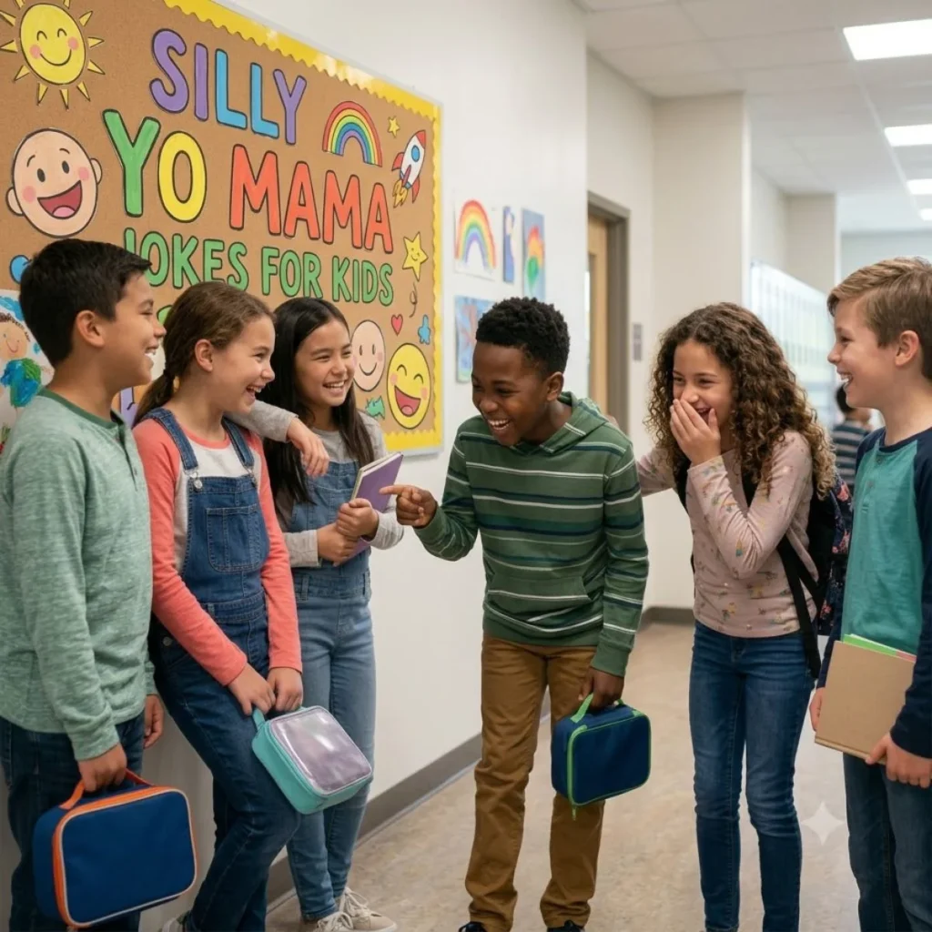 Happy kids laughing and sharing silly jokes in front of a colorful bulletin board in a school hallway.