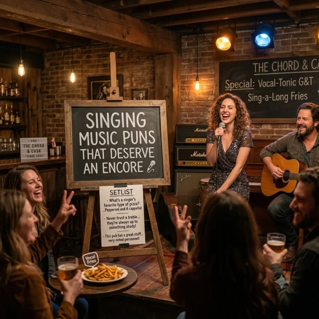A female vocalist singing on a pub stage near a chalkboard sign listing funny singing music puns.