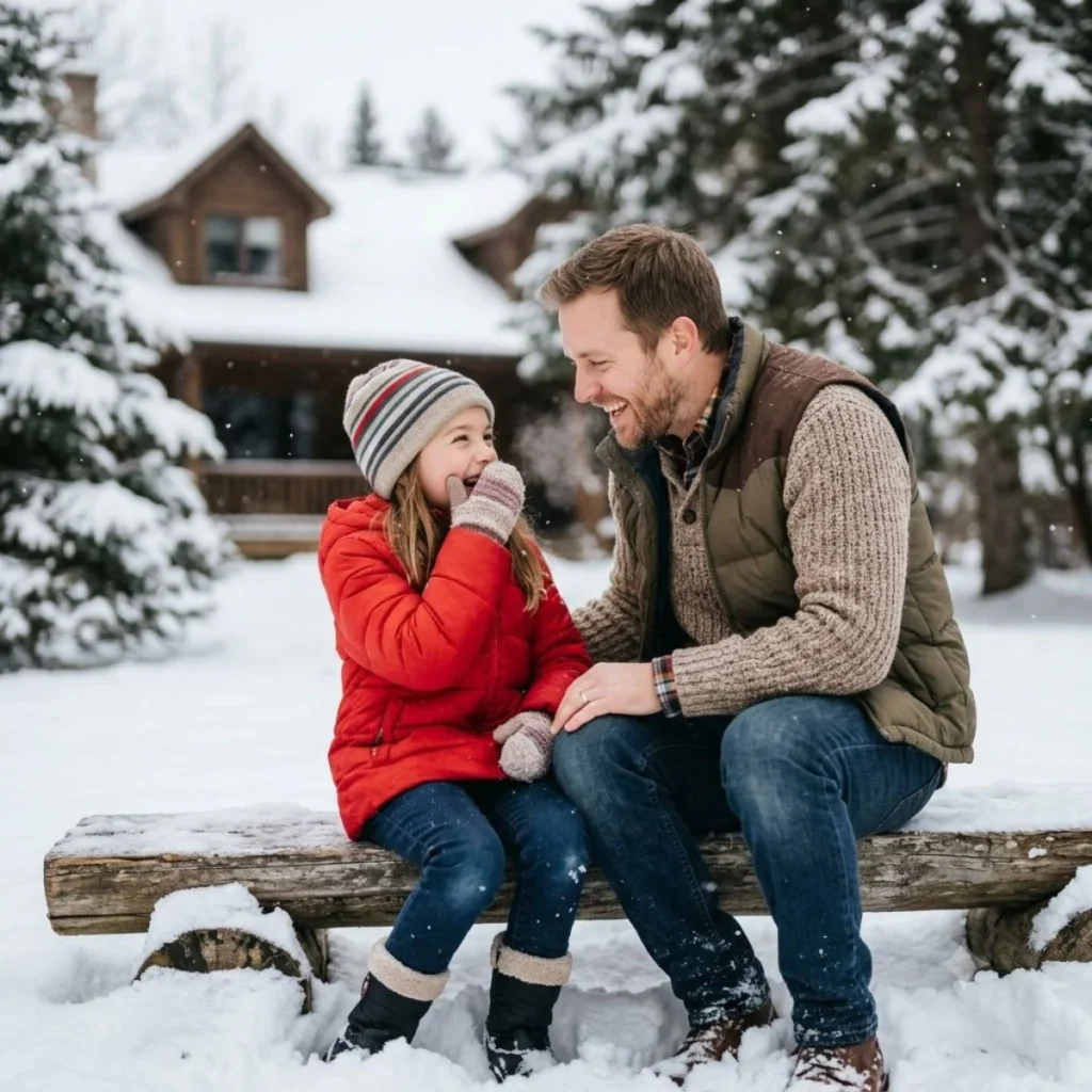 A father and young daughter in a red jacket laughing together on a snowy bench outside a winter cabin.