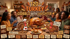 Thanksgiving dinner with a large roasted turkey, cartoon characters, puns, and a family laughing around the table.