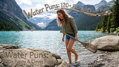 A woman walking in a turquoise lake holding a paddle carved with stay current alongside water puns text overlay.