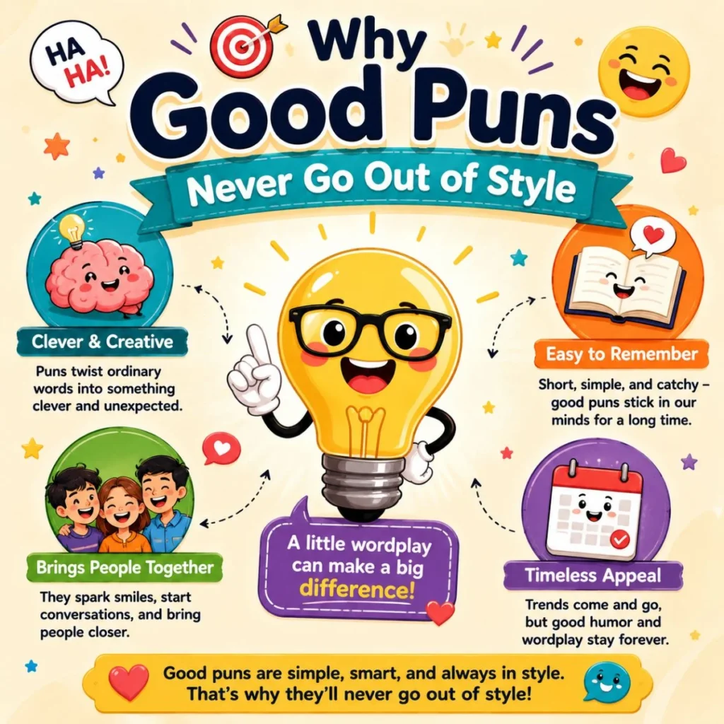Why good puns never go out of style with cheerful illustrations showing clever wordplay and lasting humor