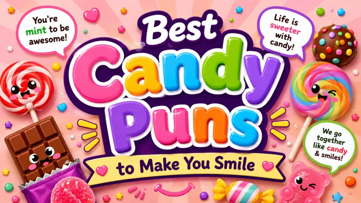Colorful candy puns graphic with smiling sweets, lollipops, chocolate, and playful candy wordplay