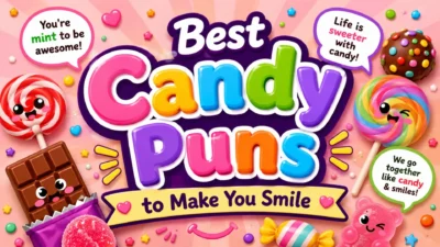 Colorful candy puns graphic with smiling sweets, lollipops, chocolate, and playful candy wordplay