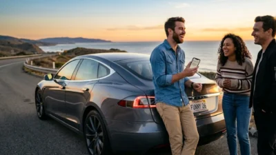 Friends laughing next to a car parked on a coastal road during sunset.