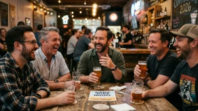 Five men laughing together around a wooden table in a cozy pub with craft beer glasses.