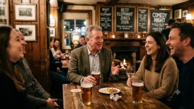 A group of friends laughing together at a pub table with comedy night chalkboard in background