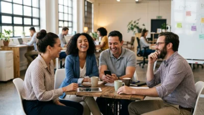 Four office colleagues laughing together around a table in a bright modern workspace.