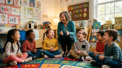 Kindergarten children sitting on a colorful rug laughing with their teacher in a bright classroom