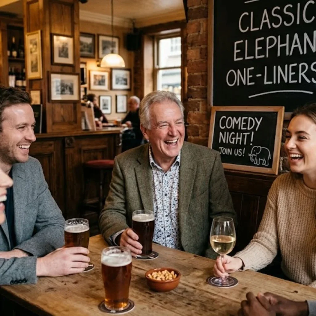 A group of friends laughing around a pub table with classic elephant one liners written on a chalkboard