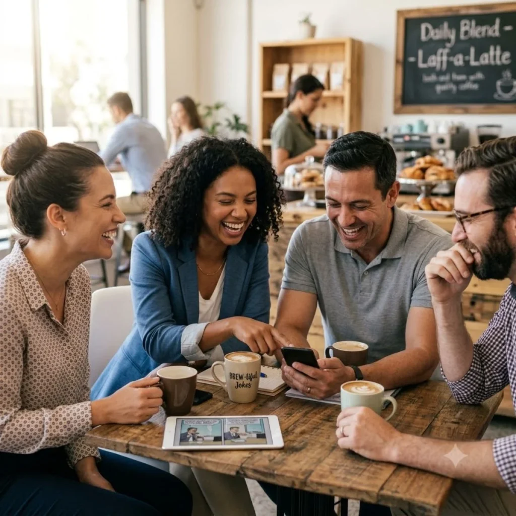 Four colleagues laughing around a cafe table during a coffee break.