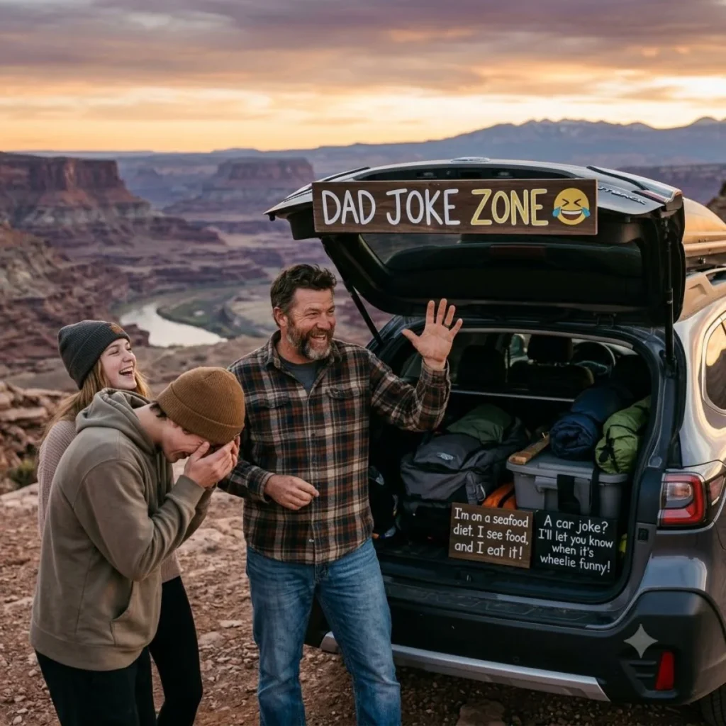 A father telling funny dad jokes to laughing teens next to a packed car trunk during sunset.