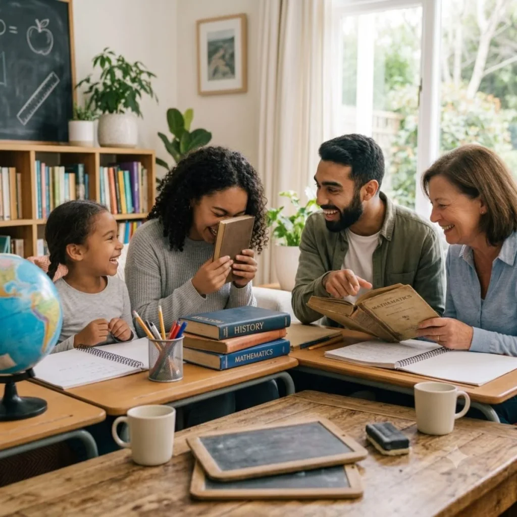 A happy family learning together at home with school books, a globe, and blackboards while sharing a cheerful laugh.