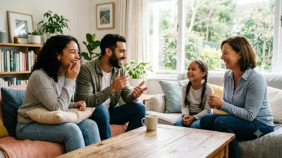 A multigenerational family laughing together in a bright living room, showcasing a natural, happy moment of shared joy.