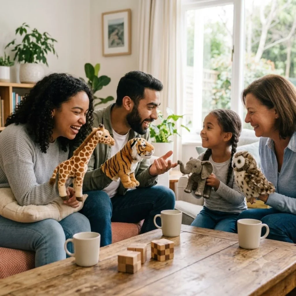 Happy family playing with animal plush toys and telling funny animal guess what jokes in a bright living room.
