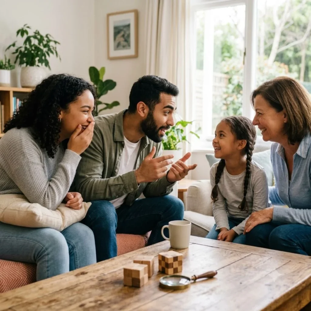 Family enjoying a funny guess what joke together in their cozy living room, showing expressive and happy faces.