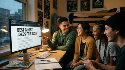 Diverse friends laughing together while reading ghost jokes on a desktop computer screen in a dorm room.