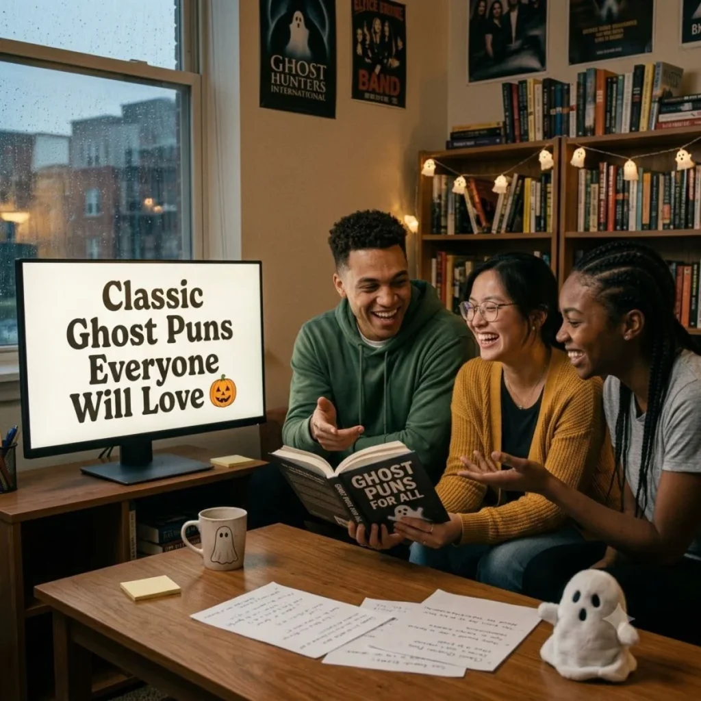 Three smiling friends reading a ghost puns book next to a desktop monitor displaying ghost puns text.