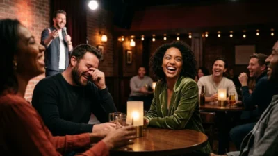 A group of friends laughing happily together while watching a stand-up comedian perform in a cozy dimly lit club.