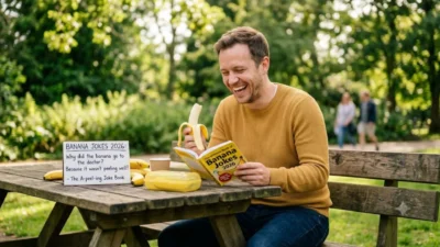 A smiling man sits at a wooden park bench reading a banana jokes book while holding a peeled banana