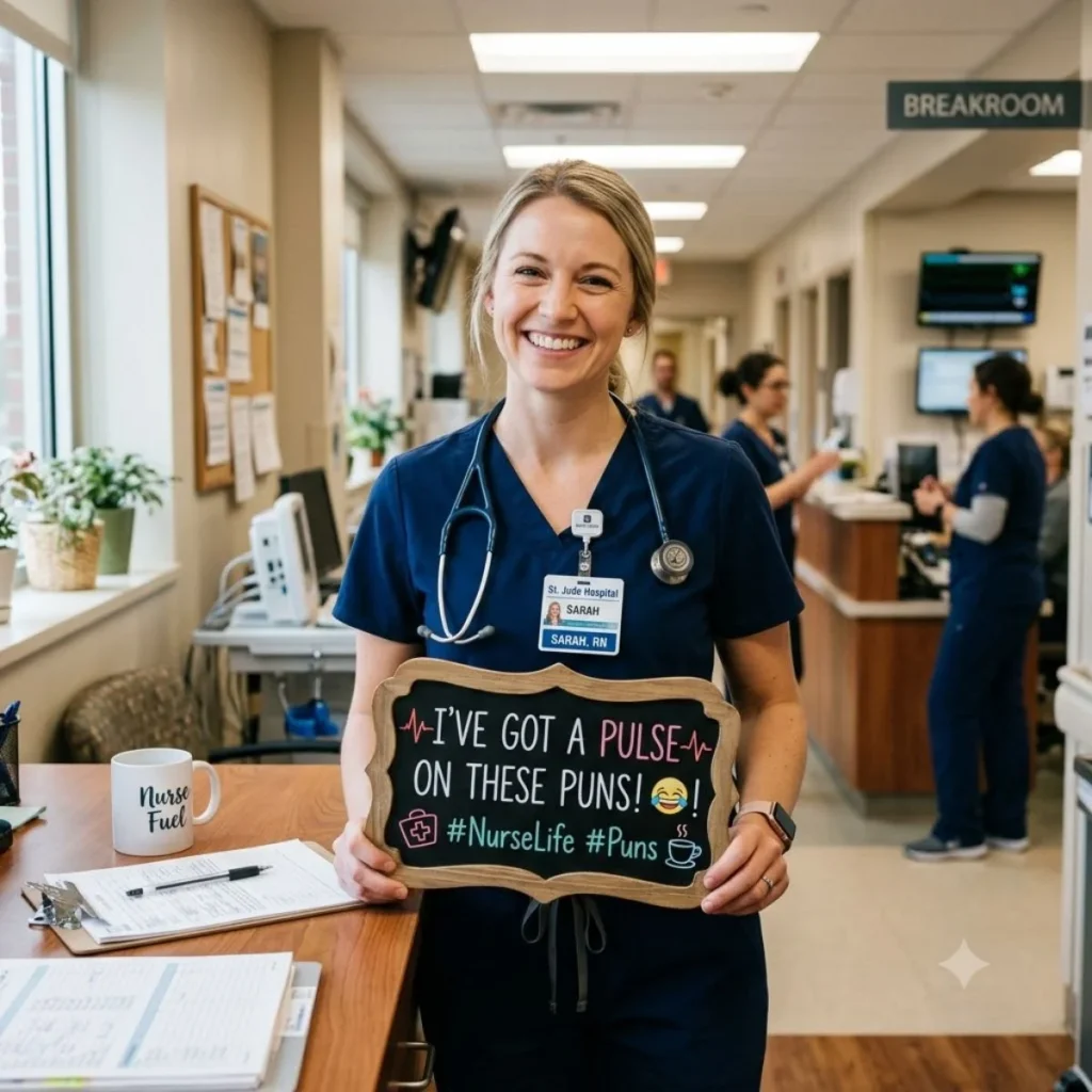 Smiling nurse holding a small wooden blackboard sign with funny puns in a bright hospital hallway.